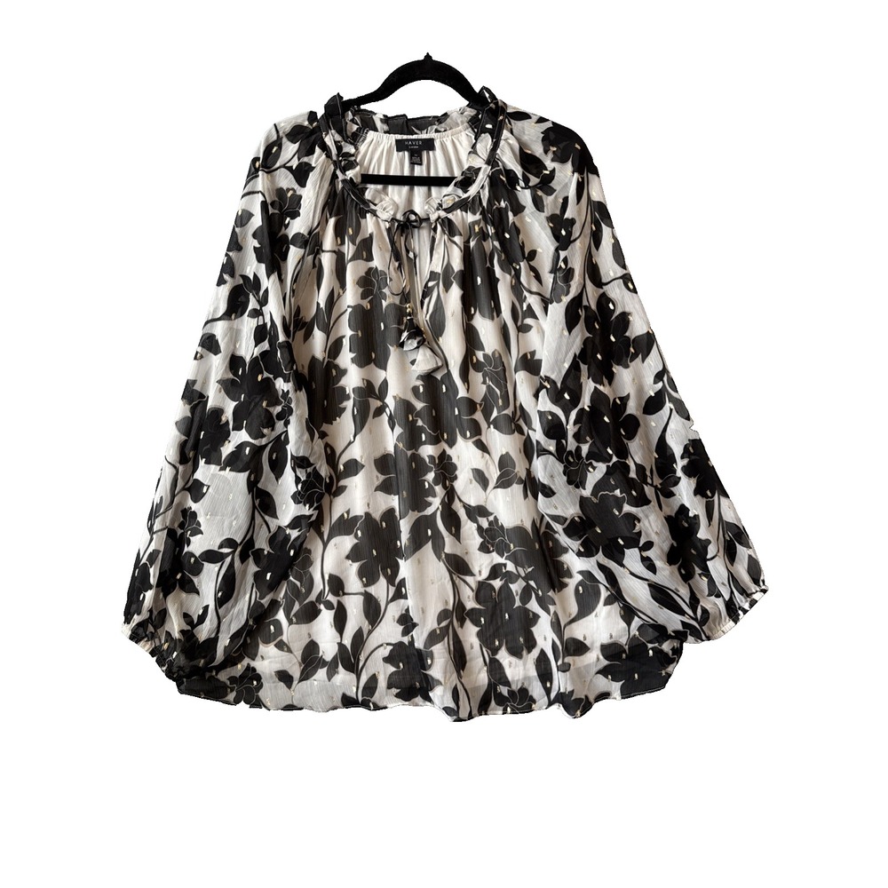 Haver London 3X Blouse Black White Floral Sheer Metallic Lined Whimsigoth Top